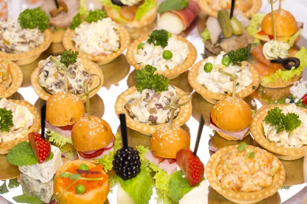 Canapés de queijo, carne e frutos do mar — Fotografia de Stock