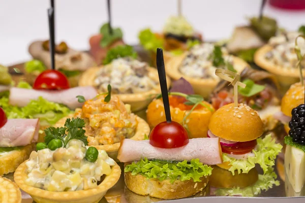 Canapes of cheese, meat and seafood — Stok Foto