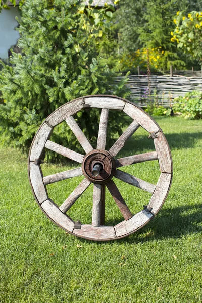 잔디에 나무 바퀴 — 스톡 사진