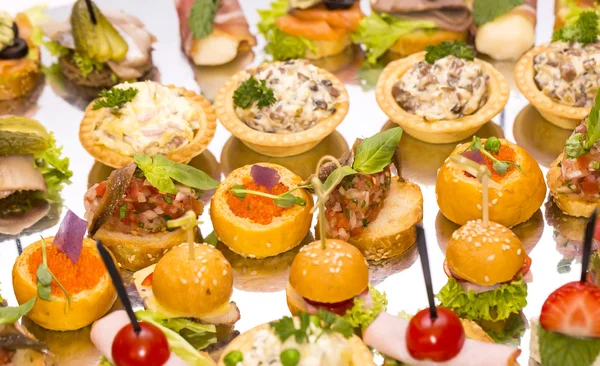 Canapés de queijo, carne e frutos do mar — Fotografia de Stock