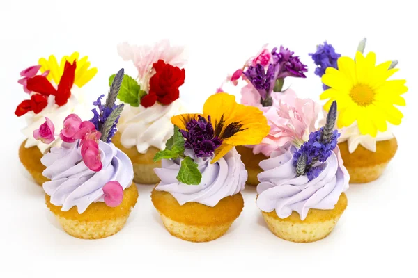 Muffins and canapes with flowers — Stock Photo, Image