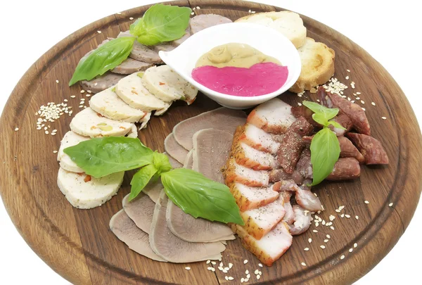 Wooden plate with sausages — Stock Photo, Image