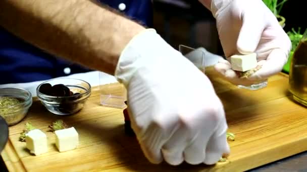 Hands cooking canapes — Stock Video
