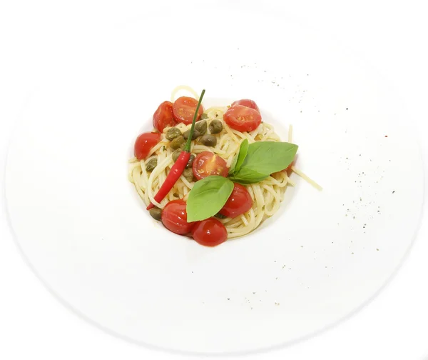 Spaghetti with vegetables and greenery — Stock Photo, Image