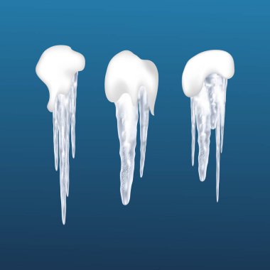 Kış arka planında karlı elementler, buz saçakları ve başlıklar. Kış mevsimi dekorasyonları. Gerçekçi biçimdeki vektör şablonu.