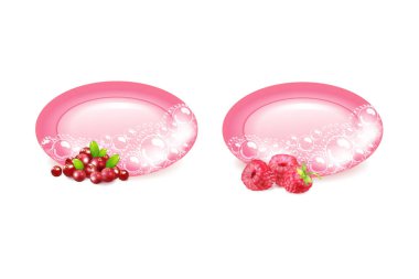 Beyaz arka planda pembe sabun ve köpüklü böğürtlen ve baloncuklar. Gerçekçi vektör çizimi. Şampuan köpüğü dokusu..