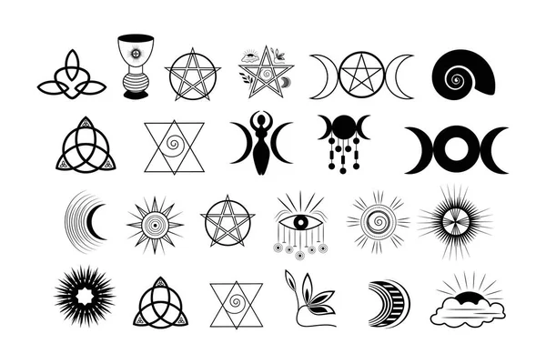 Bir dizi esrarengiz element. Dövme simya ve ruhani, büyü sihirbazı ve okült. Siyah arka planda altın ikonlar..