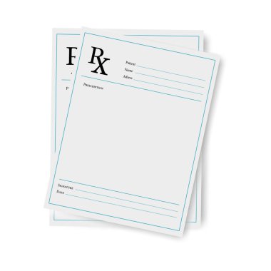 Beyaz arka planda izole edilmiş gerçekçi, boş tıbbi reçete formu.