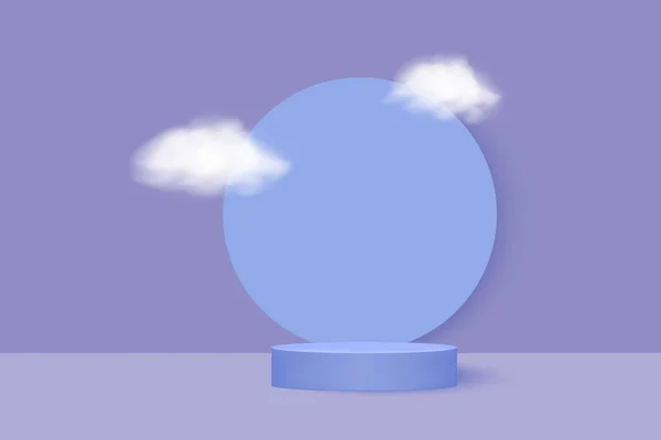 Podio cilíndrico realista abstracto sobre fondo azul entre niebla blanca o nubes. — Vector de stock