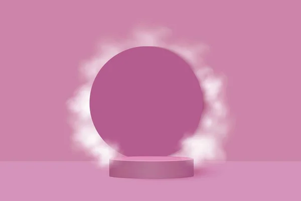 Αφηρημένη ρεαλιστική κυλινδρικό βάθρο σε ένα ροζ φόντο μεταξύ λευκά σύννεφα. — Διανυσματικό Αρχείο