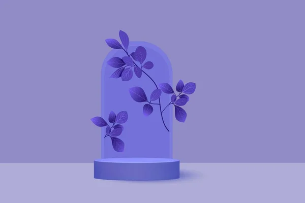 Pódio cilíndrico realista abstrato sobre um fundo azul entre folhas brancas. — Vetor de Stock
