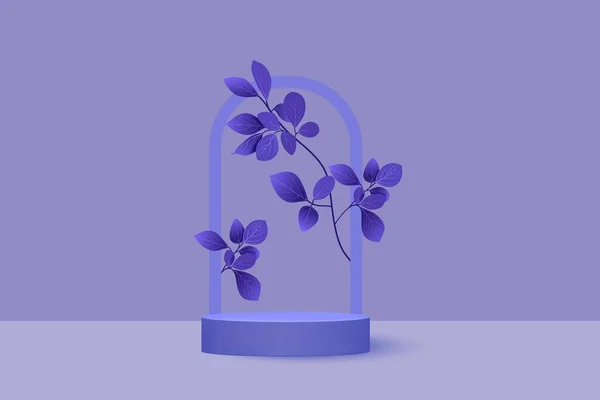 Pódio cilíndrico realista abstrato sobre um fundo azul entre folhas brancas. — Vetor de Stock