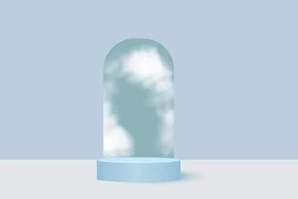 Abstraktes, realistisches, zylindrisches Podium auf blauem Hintergrund zwischen weißem Nebel oder Wolken. — Stockvektor