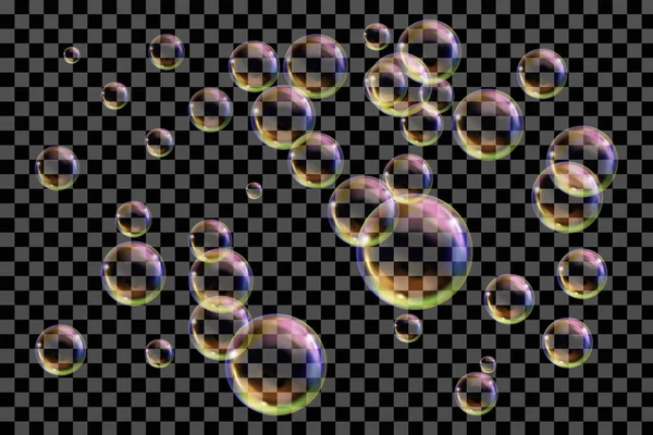 Reaistické Barevné Kuličky Vektorová Textura Létající Transparentní Mýdlové Bubliny — Stockový vektor
