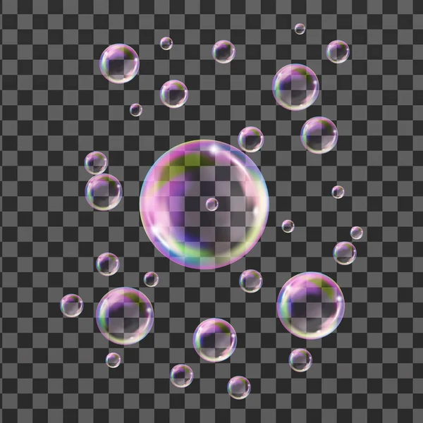 Reaistic Colored Balls Vector Texture Flying Transparent Soap Bubbles — Stock Vector