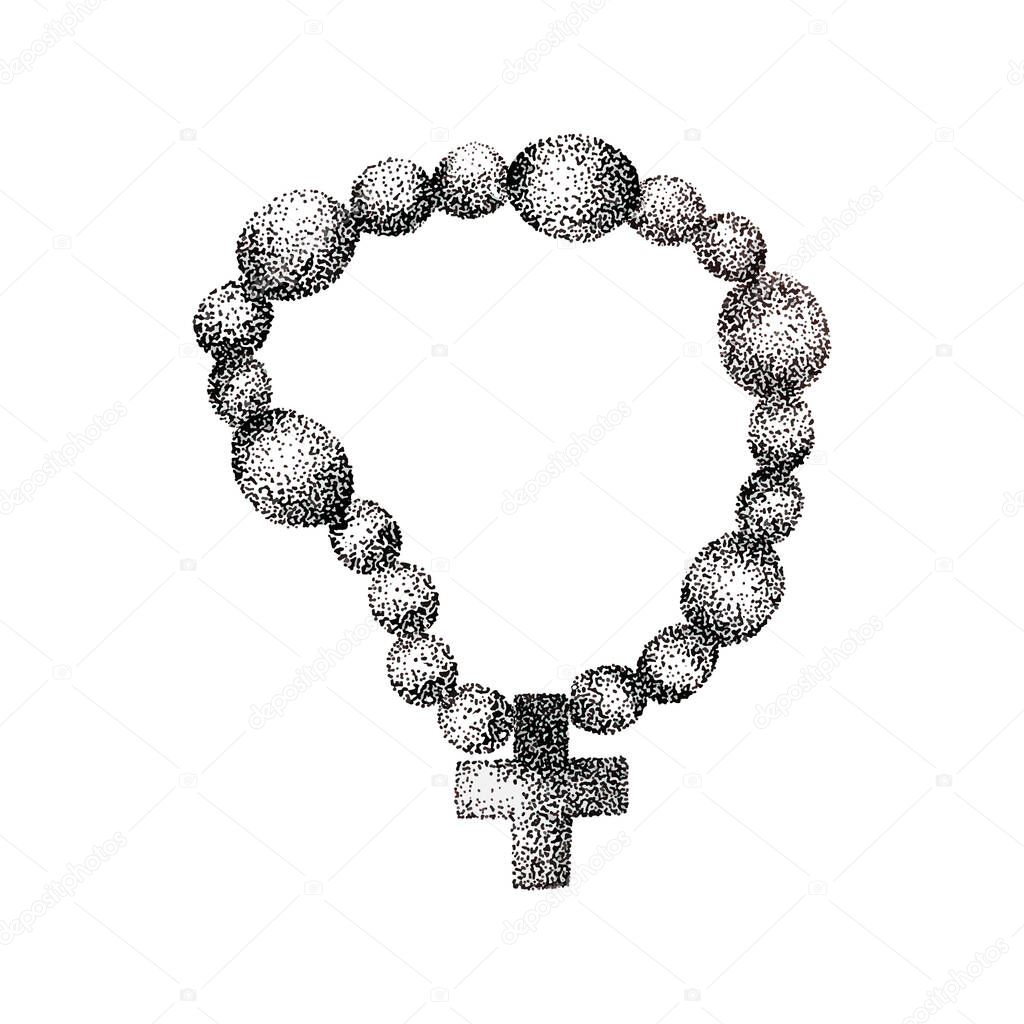 Catholic prayer beads with cross.Hand drawn vintage drawing of the rosary.