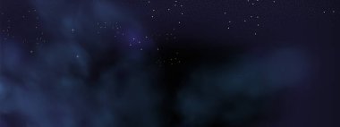 Tatil ve düğün kartları için soyut koyu çerçeve. Altın gökyüzü tozlu vektör pankart tasarımı. Lüks lacivert gece gökyüzü arka planında altın yıldızlar, sihirli parıltı ve bokeh ışıltısı..