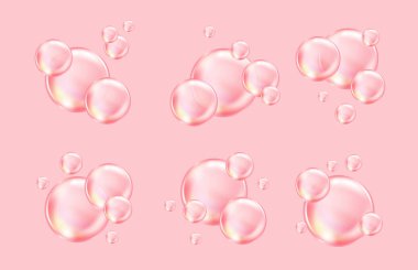 Balonlu sakız ve kolajen baloncuklarının vektör dokusu rüya gibi tasarım için. Arka plan. Beyaz zemin üzerinde köpüklü köpüklü hava ve su pembe kabarcıkları..