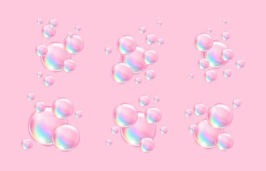 Balonlu sakız ve kolajen baloncuklarının vektör dokusu rüya gibi tasarım için. Arka plan. Beyaz zemin üzerinde köpüklü köpüklü hava ve su pembe kabarcıkları..