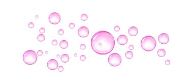 Balonlu sakız ve kolajen baloncuklarının vektör dokusu rüya gibi tasarım için. Arka plan. Beyaz zemin üzerinde köpüklü köpüklü hava ve su pembe kabarcıkları..