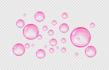 Balonlu sakız ve kolajen baloncuklarının vektör dokusu rüya gibi tasarım için. Arka plan. Beyaz zemin üzerinde köpüklü köpüklü hava ve su pembe kabarcıkları..