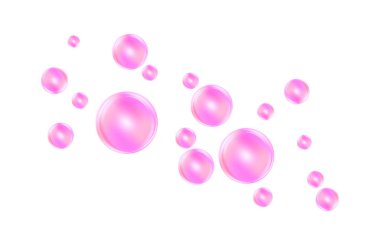 Balonlu sakız ve kolajen baloncuklarının vektör dokusu rüya gibi tasarım için. Arka plan. Beyaz zemin üzerinde köpüklü köpüklü hava ve su pembe kabarcıkları..