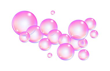 Balonlu sakız ve kolajen baloncuklarının vektör dokusu rüya gibi tasarım için. Arka plan. Beyaz zemin üzerinde köpüklü köpüklü hava ve su pembe kabarcıkları..