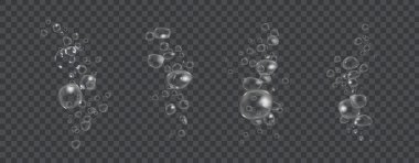 Şeffaf damlalar ve sabun köpükleri deniz, akvaryum ya da taze tasarım kavramları için bir vektör dokusu oluşturur. Siyah bir zemin üzerinde köpüklü ve coşkulu bir tarzla suda gerçekçi oksijen kabarcıkları oluşturur..