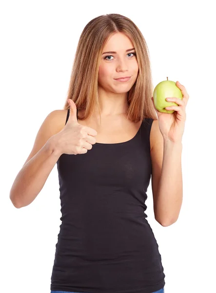 Niña con manzana verde mostrando el gesto ok —  Fotos de Stock