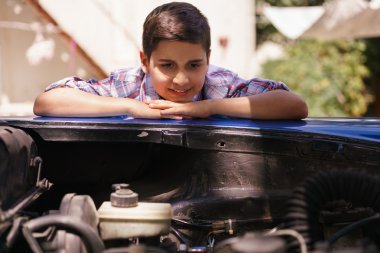Amazed Grandchild Looking Old Car Engine Learning Mechanics clipart