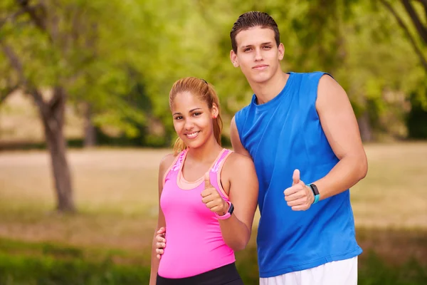 Portrait Young Couple With Thumb Up Doing Sports Training Fitnes Stock Picture