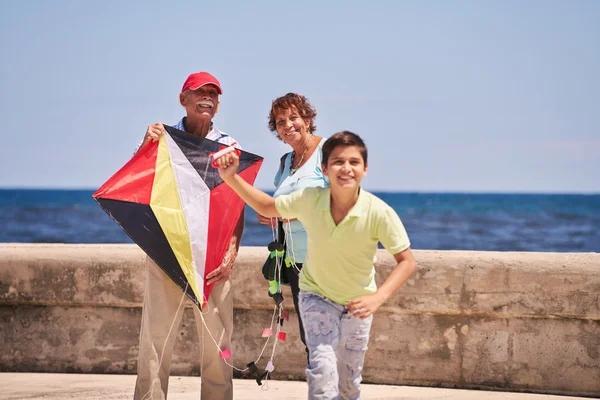 Familie Junge und Großeltern fliegen Drachen in der Nähe des Meeres — Stockfoto