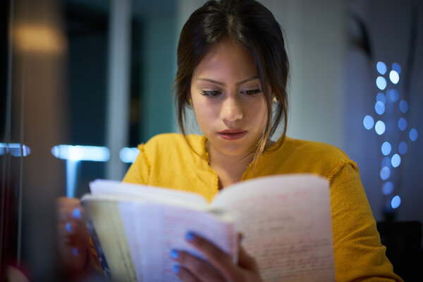 College Girl Student Preparing Exam At Night