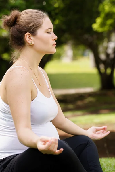 Mujer embarazada madre vientre relajante parque yoga loto —  Fotos de Stock