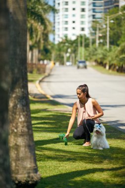 Kadın onu Fransız kaniş köpek pisliği Temizleme