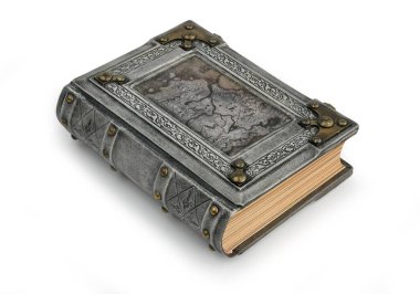 Aged gray leather book with old map, brass corners and the frame lay down to the table isolated captured from the left side clipart
