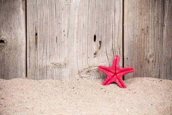 Tengeri csillag, a homok és a régi, fából készült kerítés — Stock Fotó