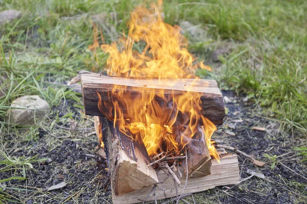 Troncos Divididos Ardiendo Fuego Campamento — Foto de Stock