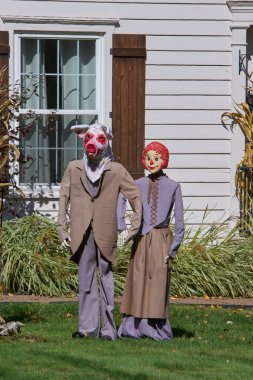 Halloween spooky characters /displays on residential lawn in Moreland Hills, Ohio USA