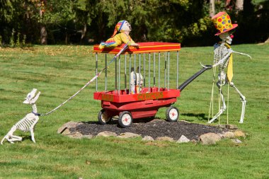 Halloween spooky characters /displays on residential lawn in Moreland Hills, Ohio USA