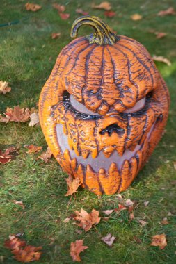Halloween Display. Built by resident of Chagrin Falls, Ohio USA for enjoyment of community. devilish pumpkin.