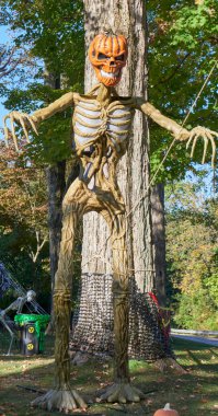 Cadılar Bayramı Gösterimi. Chagrin Falls, Ohio USA sakinleri tarafından topluluk eğlencesine inşa edilmiş. dev kabak kafalı iskelet