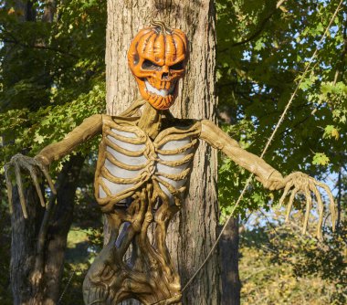 Cadılar Bayramı Gösterimi. Chagrin Falls, Ohio USA sakinleri tarafından topluluk eğlencesine inşa edilmiş. kabak kafalı iskelet