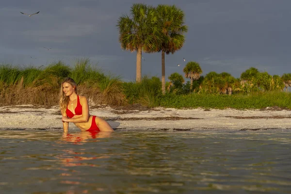 Ein Schönes Blondes Bikini Model Genießt Das Wetter Draußen Strand — Stockfoto