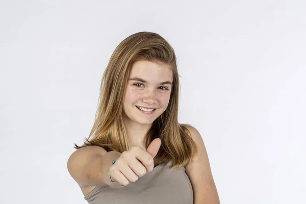 Beautiful Blonde Teenage Model Having Fun Front Camera Studio Environment — Stock Photo, Image