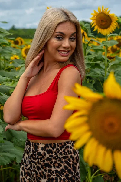 Una Hermosa Modelo Rubia Joven Posa Aire Libre Campo Girasoles —  Fotos de Stock