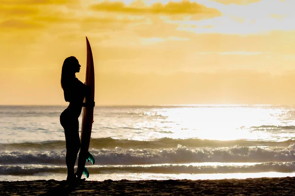 Hermoso Bikini Morena Modelo Tabla Surf Una Playa —  Fotos de Stock