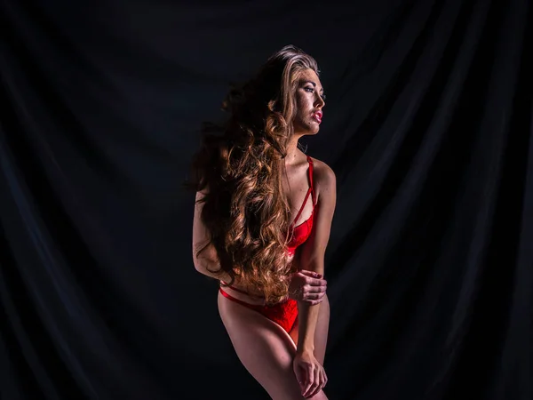 Una Hermosa Modelo Lencería Mixta Posando Ambiente Estudio —  Fotos de Stock