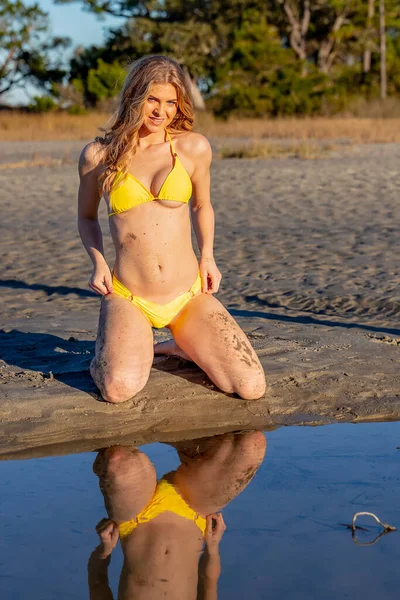 Een Prachtige Bikini Model Poseren Een Omgeving Van Strand — Stockfoto