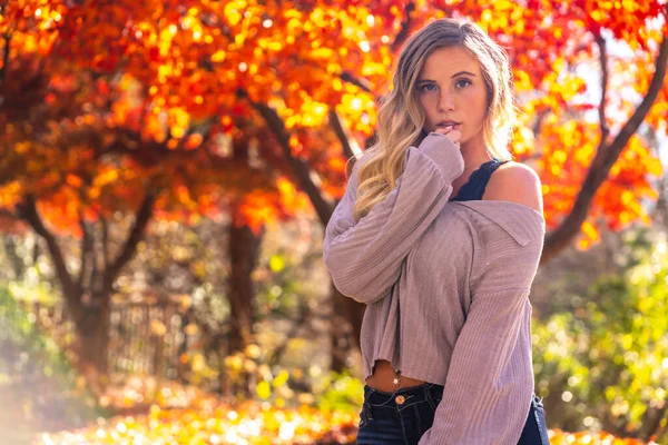 Een Prachtig Blond Model Geniet Van Een Herfstdag Buiten Een — Stockfoto